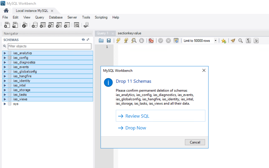 Deleing schemas in MySQL workbench. 